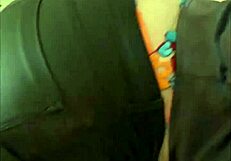 French amateur in leather pants and satin lingerie teases with heels and thong in POV