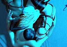 A man is sleeping with two transsexuals who are giving him oral sex in a 3D cartoon