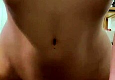Beautiful woman with natural breasts in lingerie, POV sex with cowgirl position and creampie