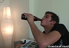 A very old blonde cleaning lady satisfies two men at once