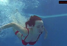 Lina Mercury and Mia Ferrari strip and dive in the pool