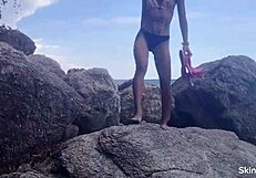 Man, that huge cock dominates tiny pussy at the ocean