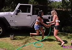 Young babes Jenna Foxx and Shy enjoy outdoor sex