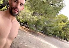 big cock stud jerks off on the public trail
