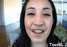 gorgeous teen rubs her pussy before wild blowjob