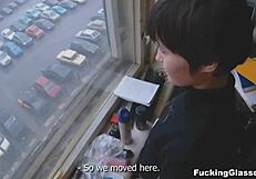 Teen coed with glasses gets quickie fucking and cumshot