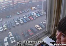 Teen coed with glasses gets quickie fucking and cumshot