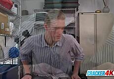 BLONDE GAY GUY SUCKS OFF DIRECTOR'S BIG CHOCOLATE BAR AT WORK!!