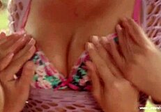 Tan girlfriends enjoy outdoor sex with licking and kissing