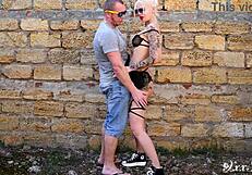 Beautiful Tattooed Blonde in Lingerie Sucking Big Boobs on City Streets