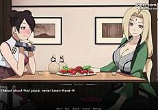 Naruto Kunoichi Trainer Tsunade and Tenten Give Handjob and Foot Job in Public Restaurant Hentai Game