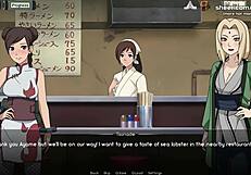Naruto Kunoichi Trainer Tsunade and Tenten Give Handjob and Foot Job in Public Restaurant Hentai Game