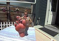 bikini babe with blonde girlfriend shows feet and toes in fetish play