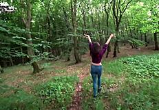 Brunette Deep Sucks Big Cock in Forest with Cum in Mouth