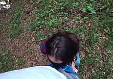 Brunette Deep Sucks Big Cock in Forest with Cum in Mouth