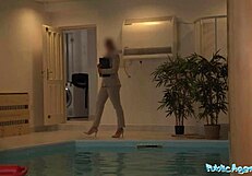 public agent bangs pretty brunette in bikini at indoor pool