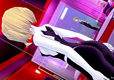 Gwen in hotel room, unzipping her Spiderwoman suit