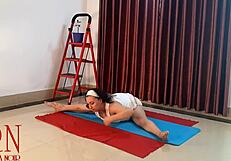 Brunette housewife gets naked for some steamy yoga action