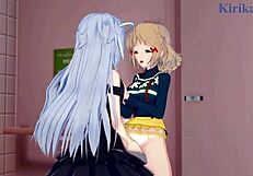 Hibiki Tachibana, Miku Kohinata, and Laura Bodewig share intense lesbian emotions in Symphogear hentai.