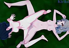 Hibiki Tachibana, Miku Kohinata, and Laura Bodewig share intense lesbian emotions in Symphogear hentai.