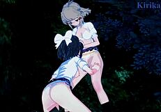 Hibiki Tachibana, Miku Kohinata, and Laura Bodewig share intense lesbian emotions in Symphogear hentai.