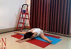 Brunette housewife gets naked for some steamy yoga action