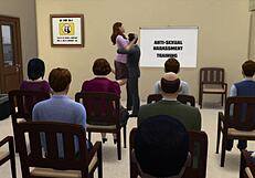 Boss in the office parody displays porn to employees featuring big tits