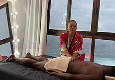 Wow, this Asian masseuse couldn't resist and made the big guy finish inside Latina Lina Nakamura outdoors!