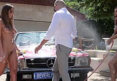 Slutty carwash bffs kitana lure and zlata shine share a hard cock by the pool?