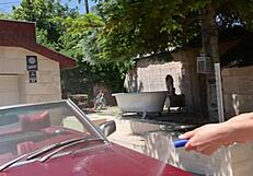 Slutty carwash bffs kitana lure and zlata shine share a hard cock by the pool?