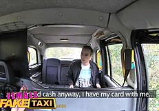 in this fake taxi, a guy dressed as female gets lucky with hot brunette in car