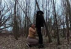 Topless thick girl sucks cock in the park homemade blowjob couple curvy big tits public boobs outdoor
