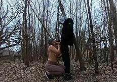 Topless thick girl sucks cock in the park homemade blowjob couple curvy big tits public boobs outdoor