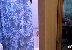 Stepson spies on stepmom and sucks two cocks in shower