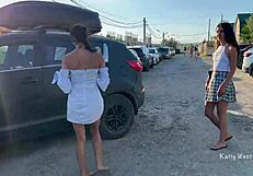 Small breasted teens show their slim bodies and pussies at the beach