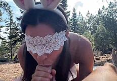 A amateur bunny gives a blow job and gets fucked in the woods