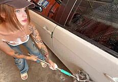 teen car washer gags on huge cock before forest pounding