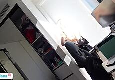 Pretty teen catches me jerking off and gives me a handjob