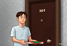 in summertime saga, stepdaughter catches stepmom riding her boyfriend's monster cock in the hotel room