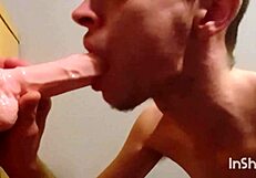 Joe Nuts, the gay twink, sucks his new dildo deep.