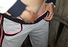 Hairy pussy neighbor caught jerking off in public toilet