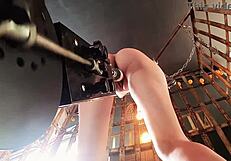 Skinny slut caged and fucked by machines until she begs