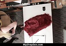 Beautiful rich girl caught shoplifting and then gives a blowjob on the job