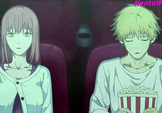 Stepsister gives a quick blowjob at the cinema during a crazy anime movie night