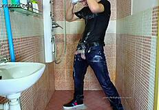 Intense shower pleasure with gay jeans masturbation