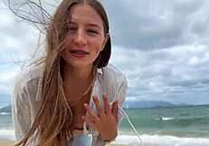 Pretty girl seduces stranger at resort for passionate sex