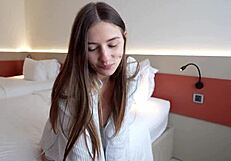 Slutty cute girl seduced a stranger at the resort. Her boyfriend stayed home unaware.