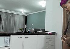 athletic black babe in lingerie teases young toy in kitchen