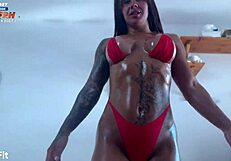 I crave this hot oily bitch in red bikini getting white sauce