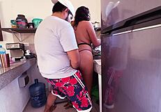 Sexy latina in kitchen thong gets ass licked and fucked hard